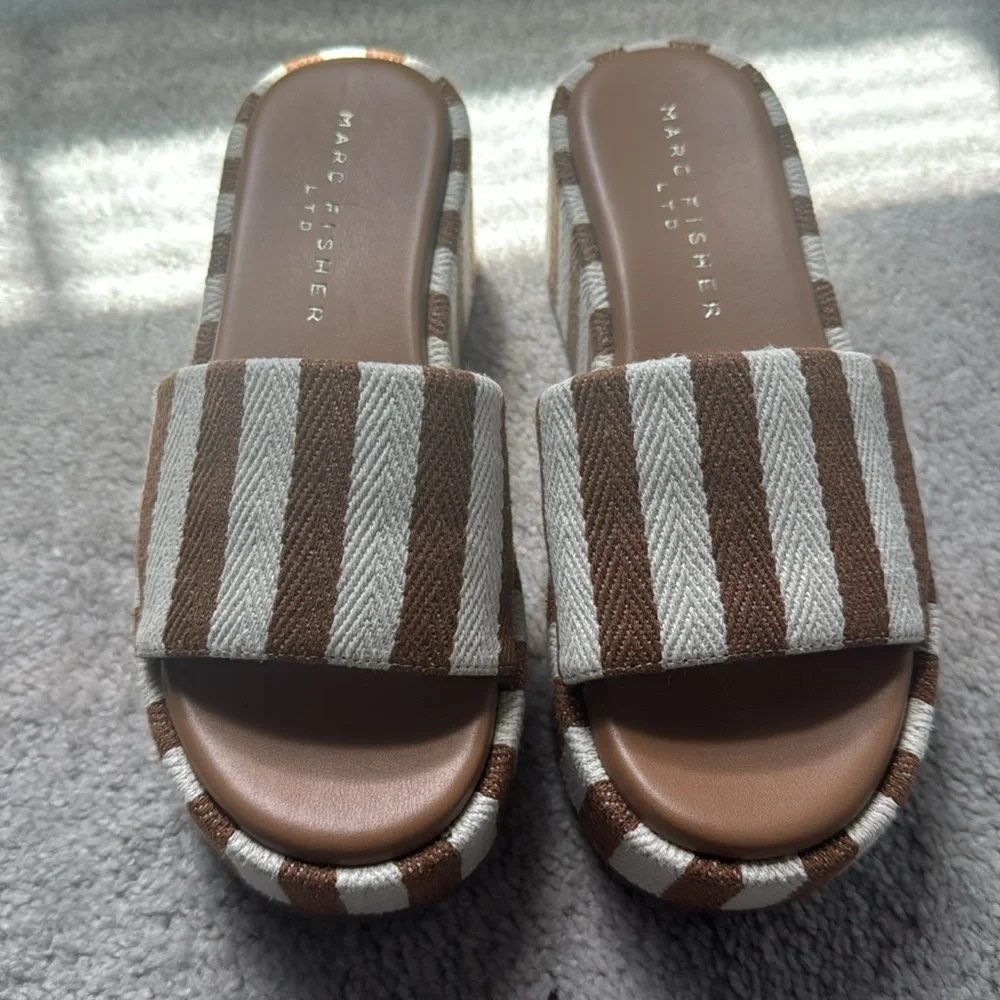 Marc Fisher Tan and Cream Striped Platform Sandals - Picture 2 of 5